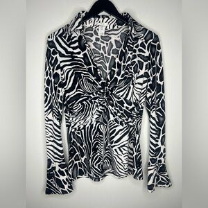 Cache Maximalist Animal Print Twist Front Top Black White Stretch Blouse Size L